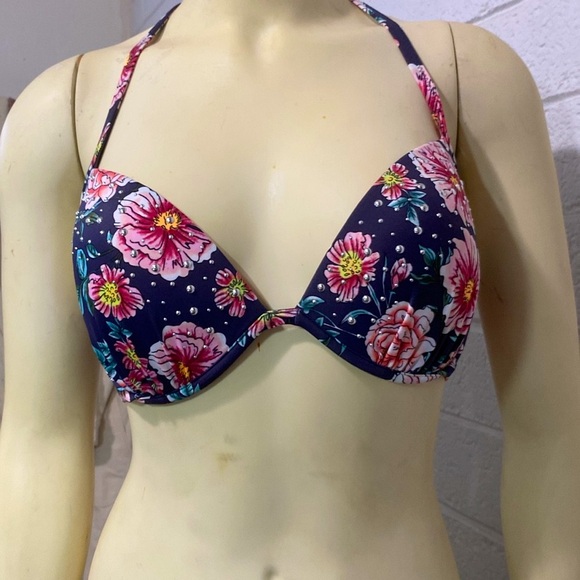 Studded Padded Bikini Top Light Push Up Floral Swim Top Swimsuit 34D Flower S/M - Picture 1 of 8